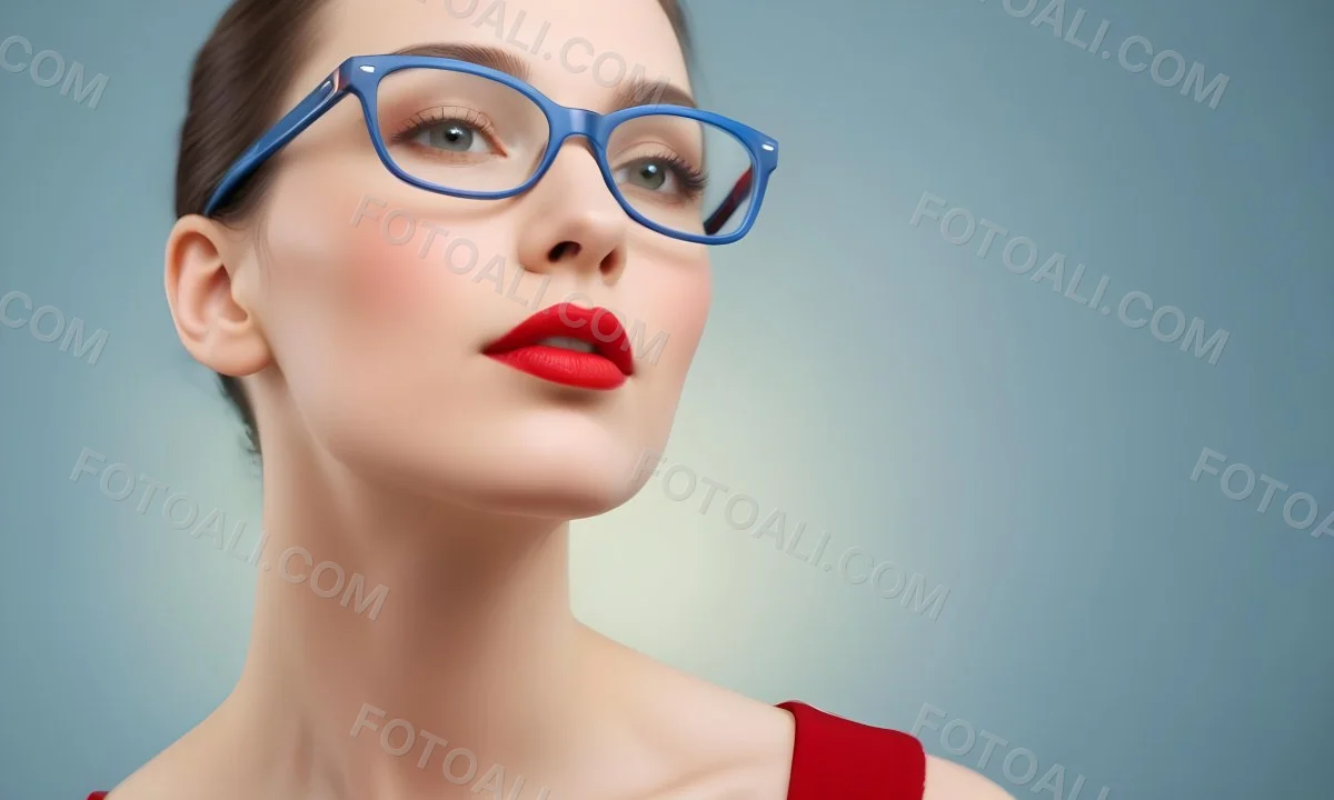 White Woman With Fair Skin 30 Years Old With Red Lips And Red Glasses In A Studio 23 8eac