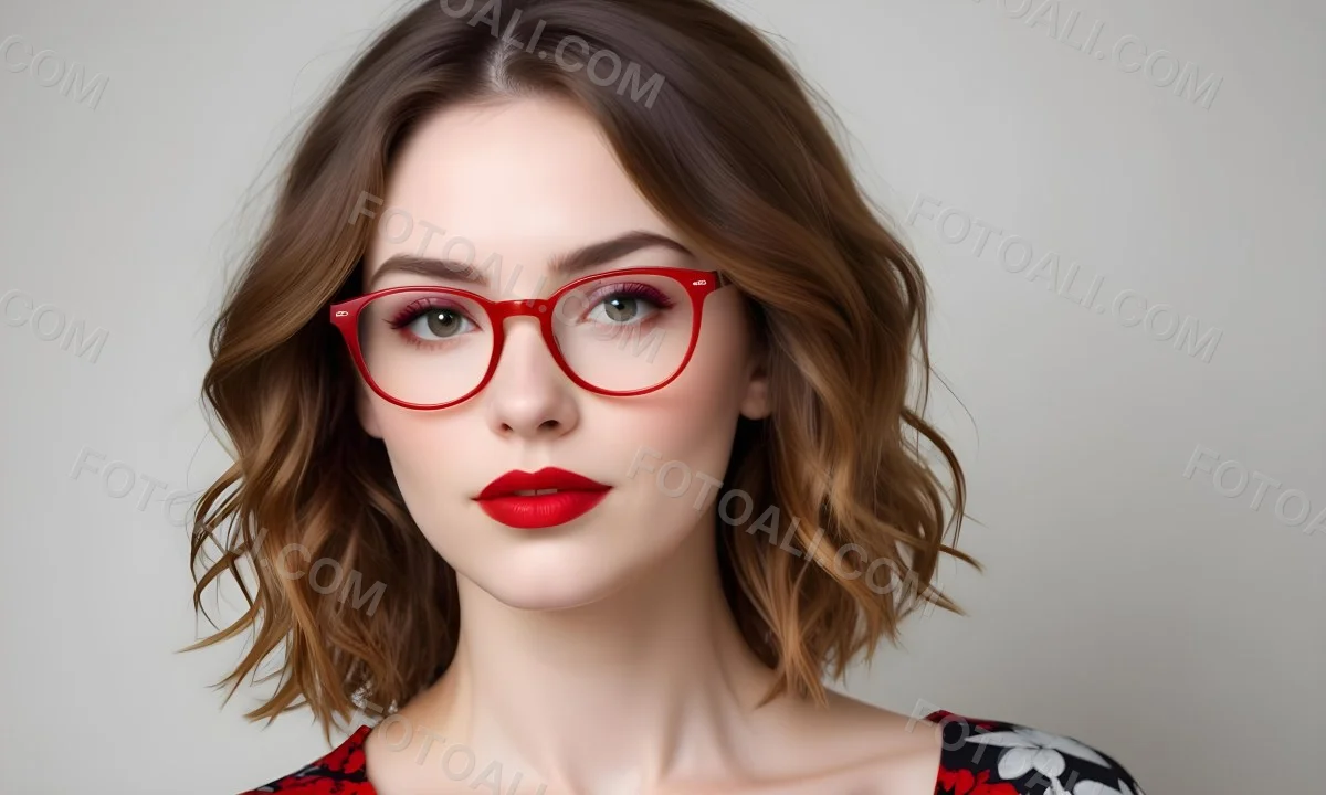 White Woman With Fair Skin 30 Years Old With Red Lips And Red Glasses In A Studio 3 77b3