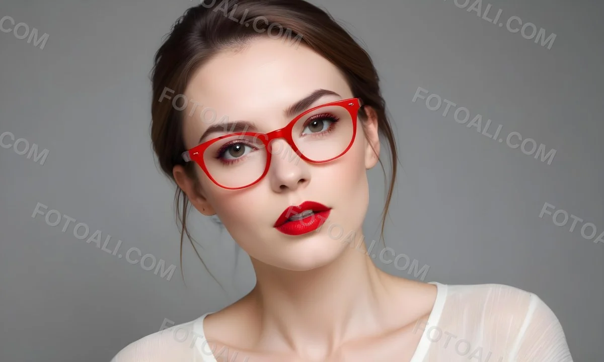 White Woman With Fair Skin 30 Years Old With Red Lips And Red Glasses In A Studio 5 19b1