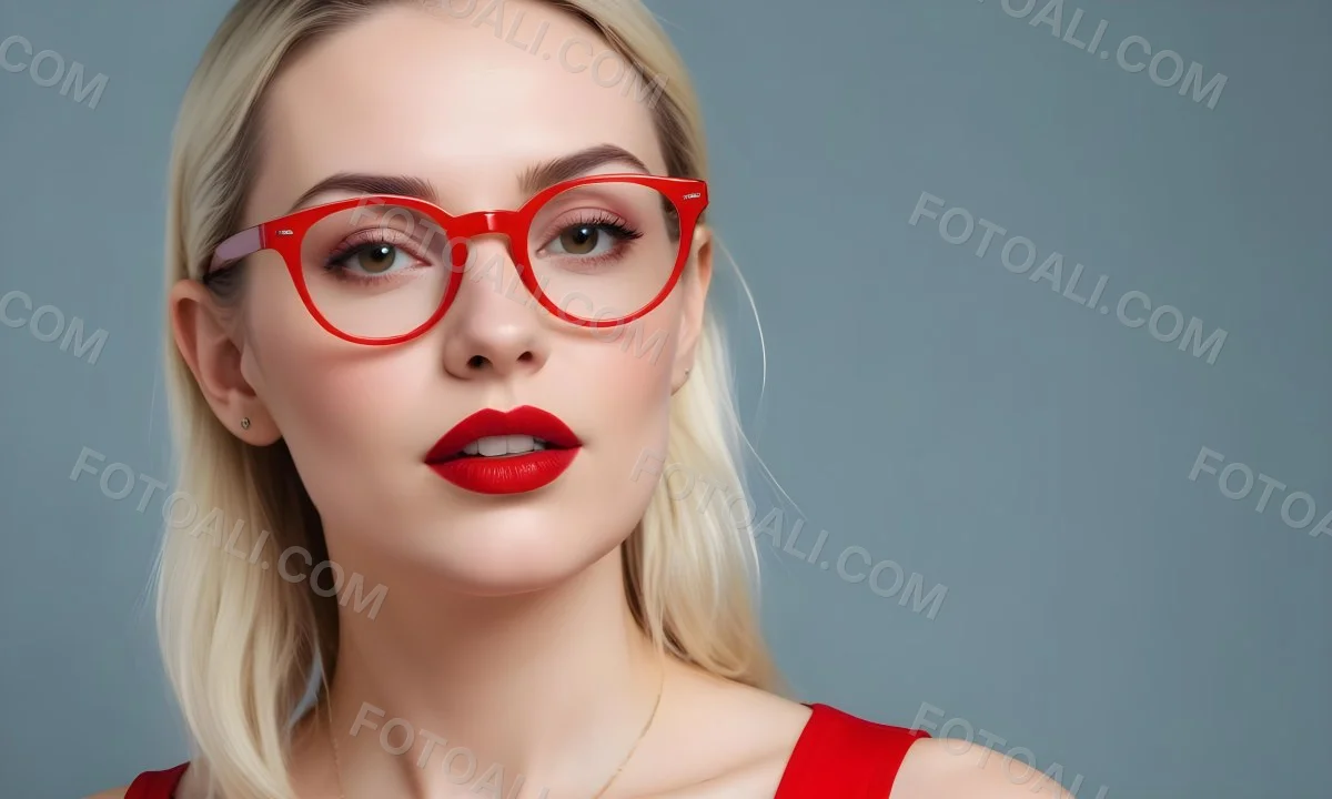 White Woman With Fair Skin 30 Years Old With Red Lips And Red Glasses In A Studio 6 0f3f