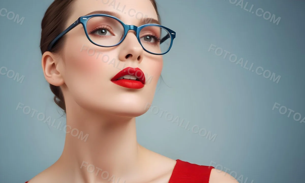 White Woman With Fair Skin 30 Years Old With Red Lips And Red Glasses In A Studio 8 B7c2