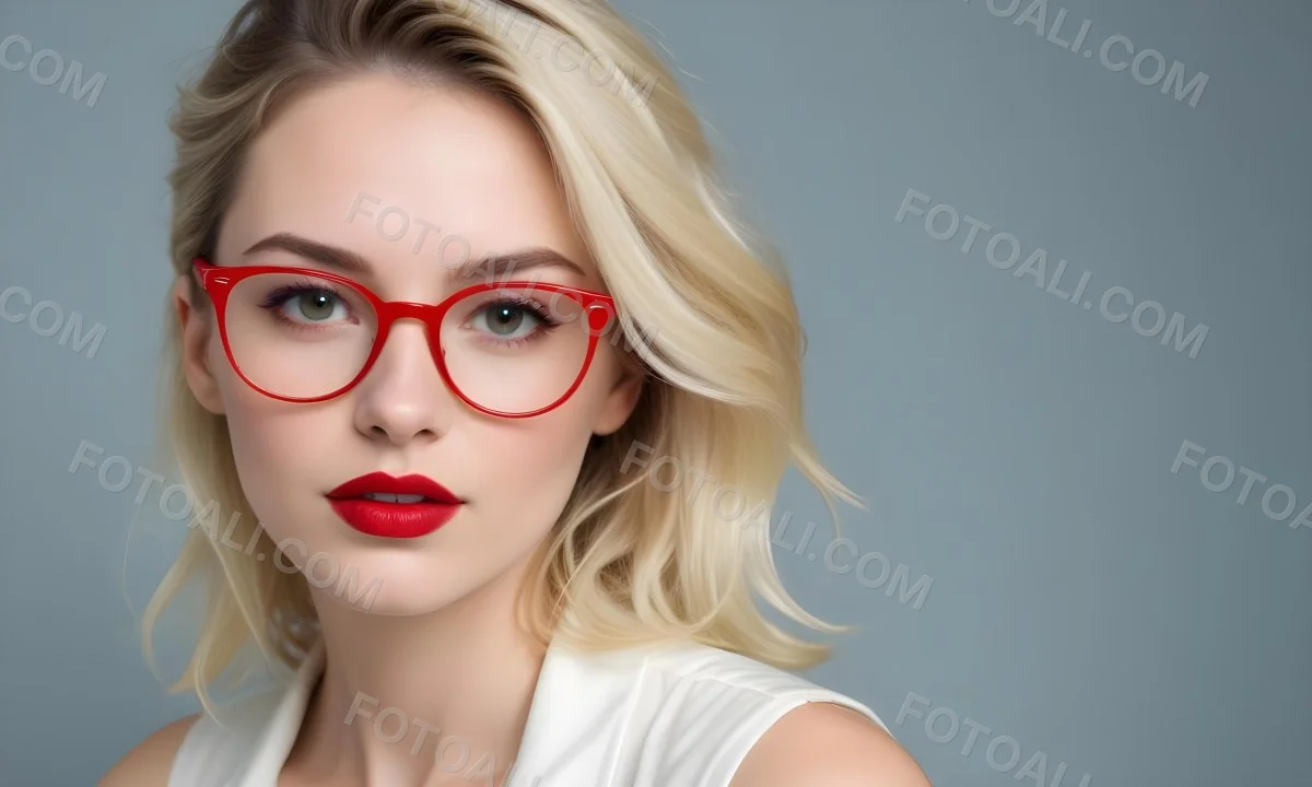 White Woman With Fair Skin 30 Years Old With Red Lips And Red Glasses In A Studio 9 1cc5
