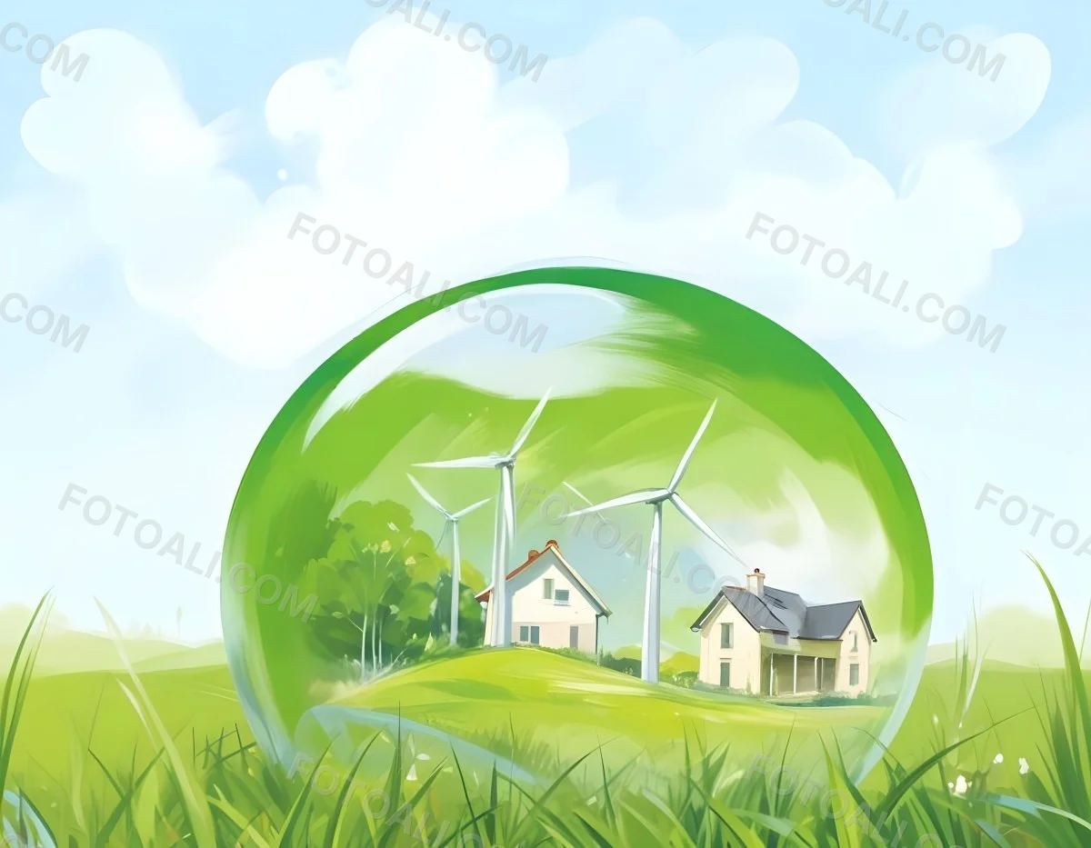 Wind Turbines And A House Inside A Blue Bubble On A Green Grass Field With A Bright Blue Sky Background 10 8039