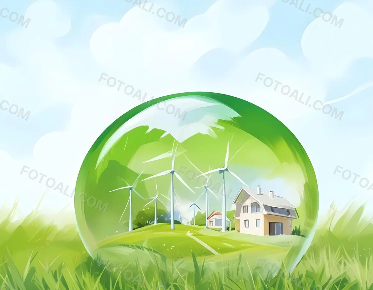 Wind Turbines And A House Inside A Blue Bubble On A Green Grass Field With A Bright Blue Sky Background 13 9766