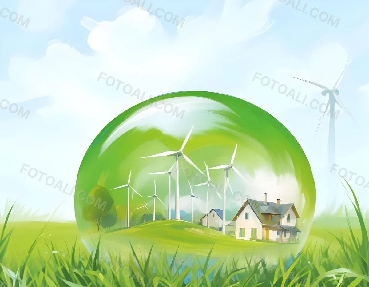 Wind Turbines And A House Inside A Blue Bubble On A Green Grass Field With A Bright Blue Sky Background 14 6d9c