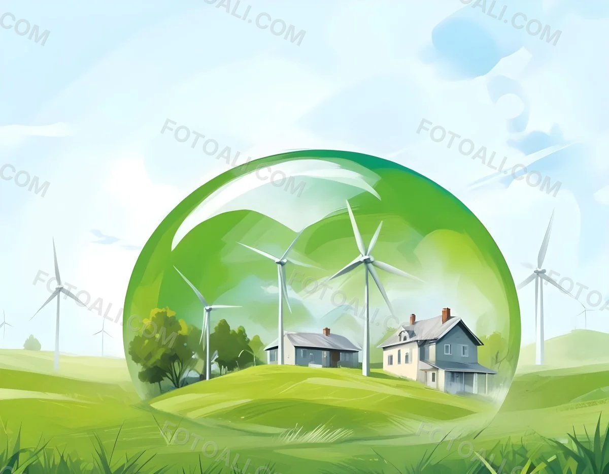 Wind Turbines And A House Inside A Blue Bubble On A Green Grass Field With A Bright Blue Sky Background 23 6096