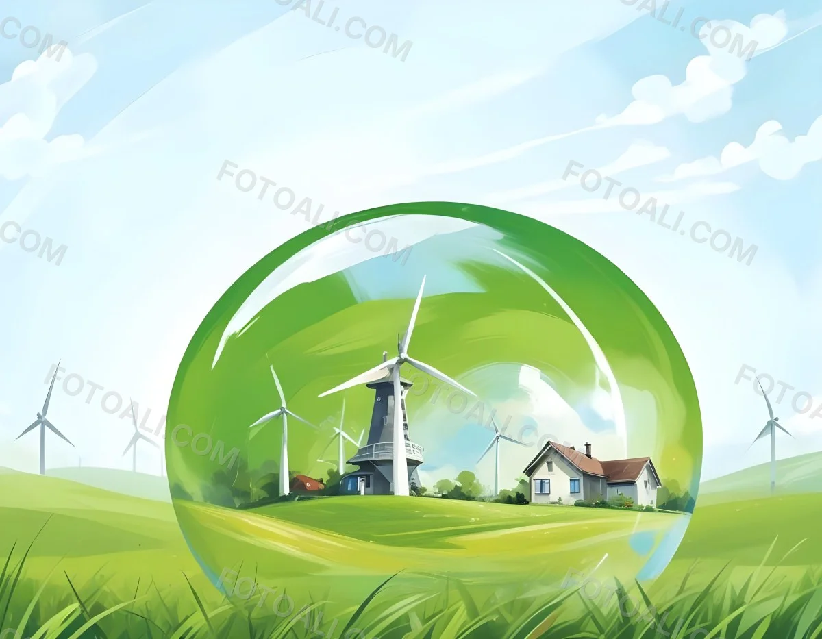 Wind Turbines And A House Inside A Blue Bubble On A Green Grass Field With A Bright Blue Sky Background 24 902a
