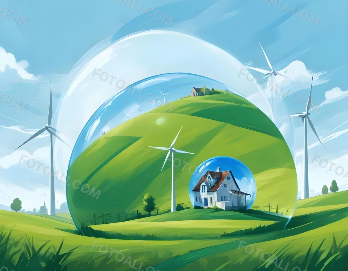 Wind Turbines And A House Inside A Blue Bubble On A Green Grass Field With A Bright Blue Sky Background 26 161a