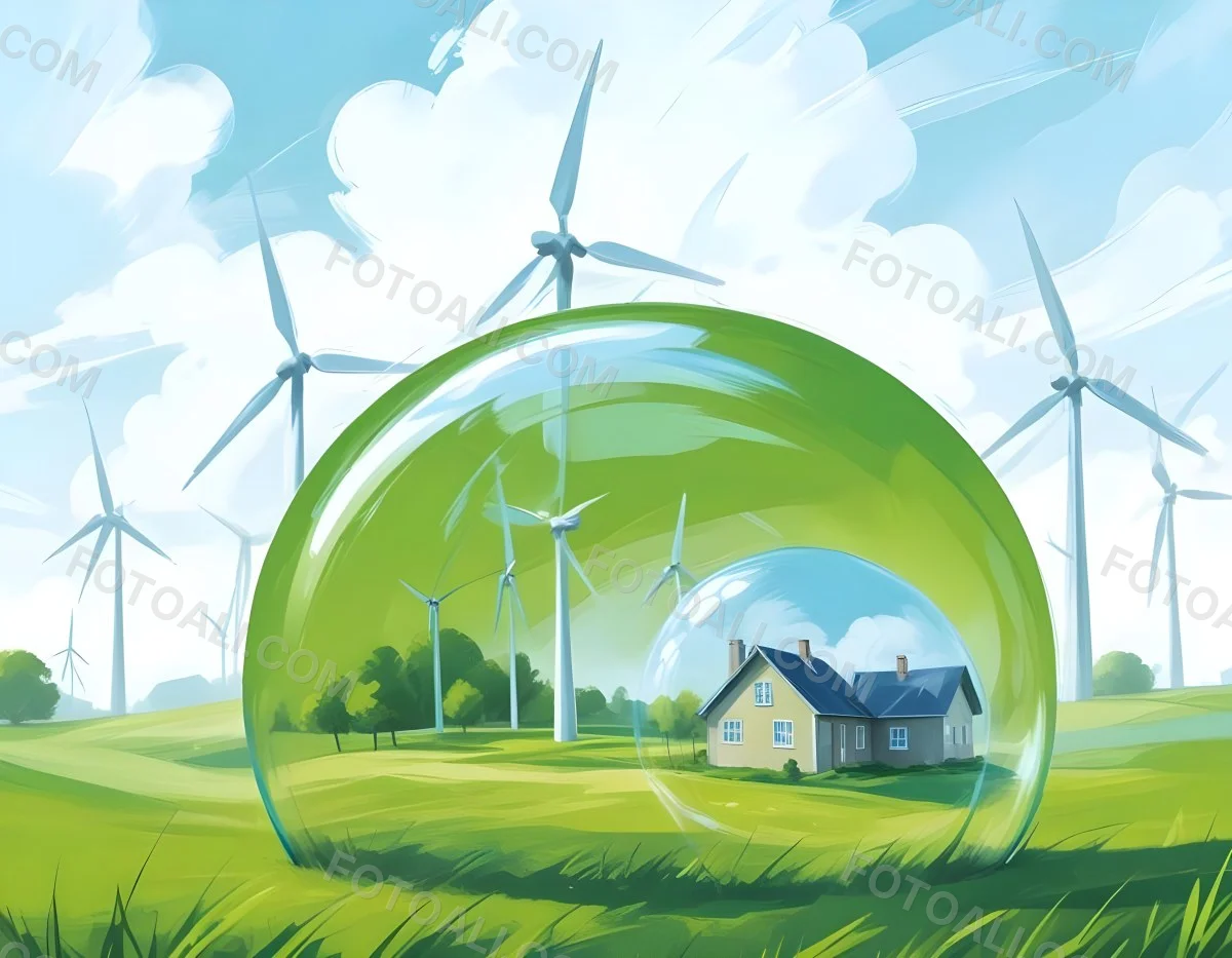 Wind Turbines And A House Inside A Blue Bubble On A Green Grass Field With A Bright Blue Sky Background 29 0fb9