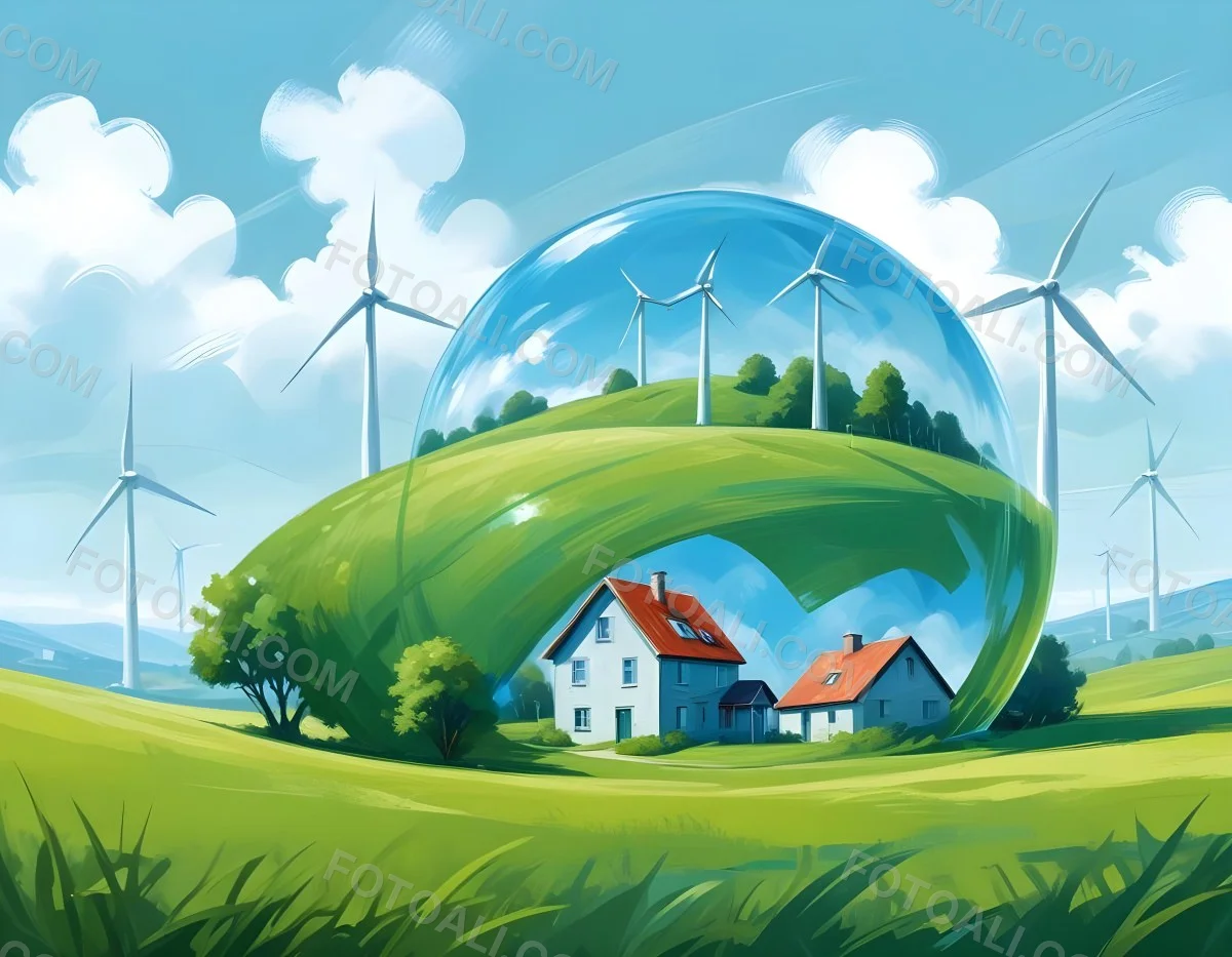 Wind Turbines And A House Inside A Blue Bubble On A Green Grass Field With A Bright Blue Sky Background 3 0ad8