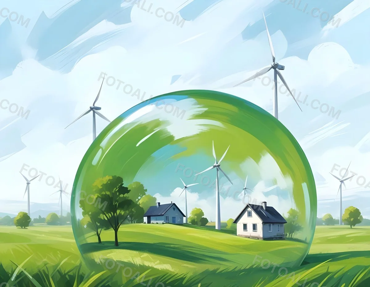 Wind Turbines And A House Inside A Blue Bubble On A Green Grass Field With A Bright Blue Sky Background 30 Db37