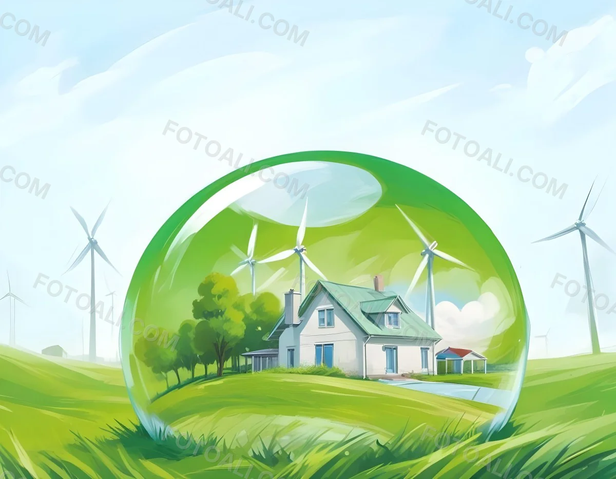 Wind Turbines And A House Inside A Blue Bubble On A Green Grass Field With A Bright Blue Sky Background 33 810f