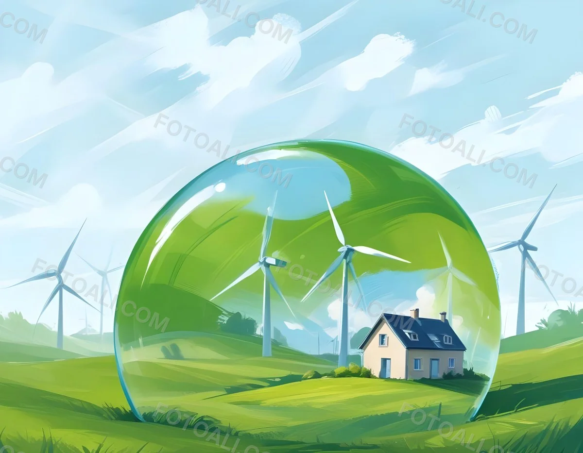 Wind Turbines And A House Inside A Blue Bubble On A Green Grass Field With A Bright Blue Sky Background 46 31c0
