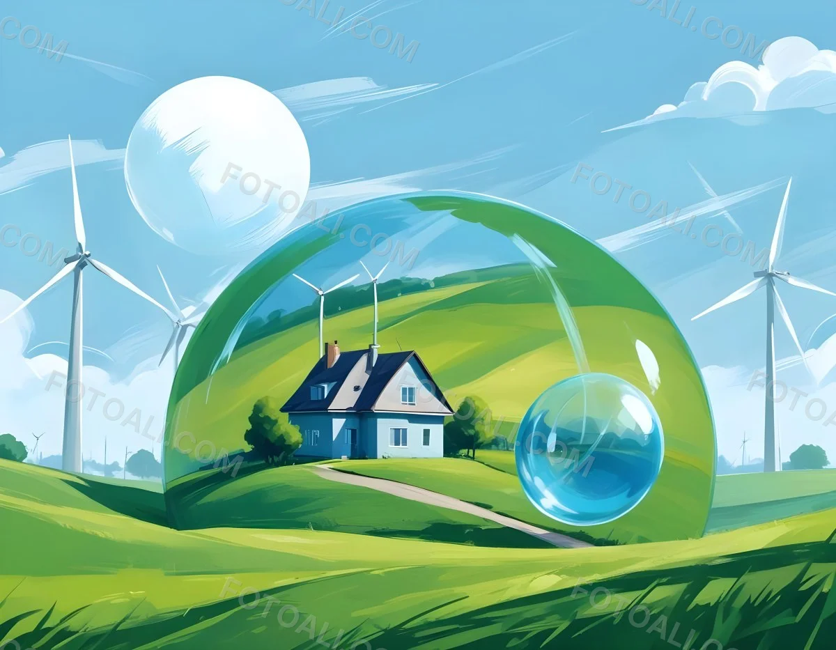 Wind Turbines And A House Inside A Blue Bubble On A Green Grass Field With A Bright Blue Sky Background 50 Fce9