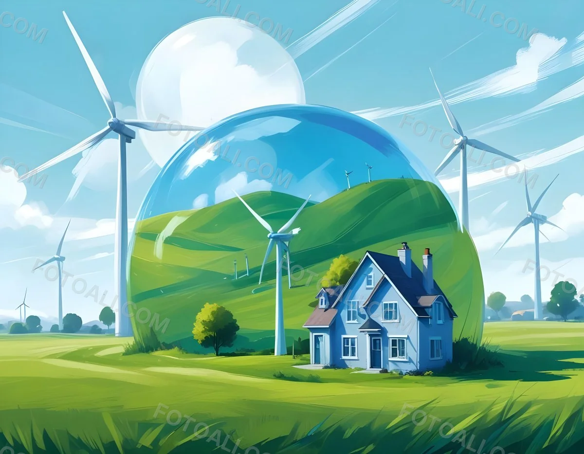 Wind Turbines And A House Inside A Blue Bubble On A Green Grass Field With A Bright Blue Sky Background 6 8bf5