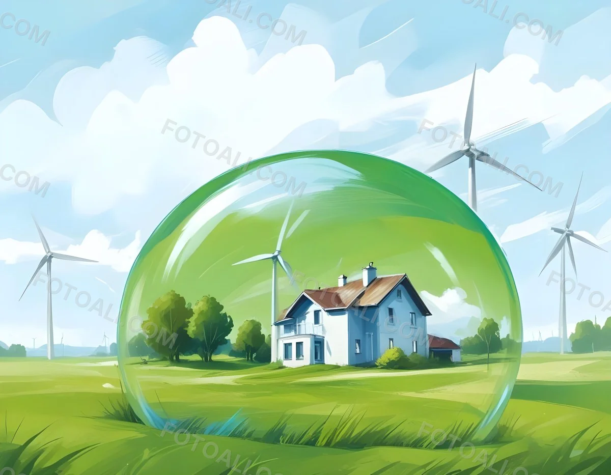 Wind Turbines And A House Inside A Blue Bubble On A Green Grass Field With A Bright Blue Sky Background 8 3567