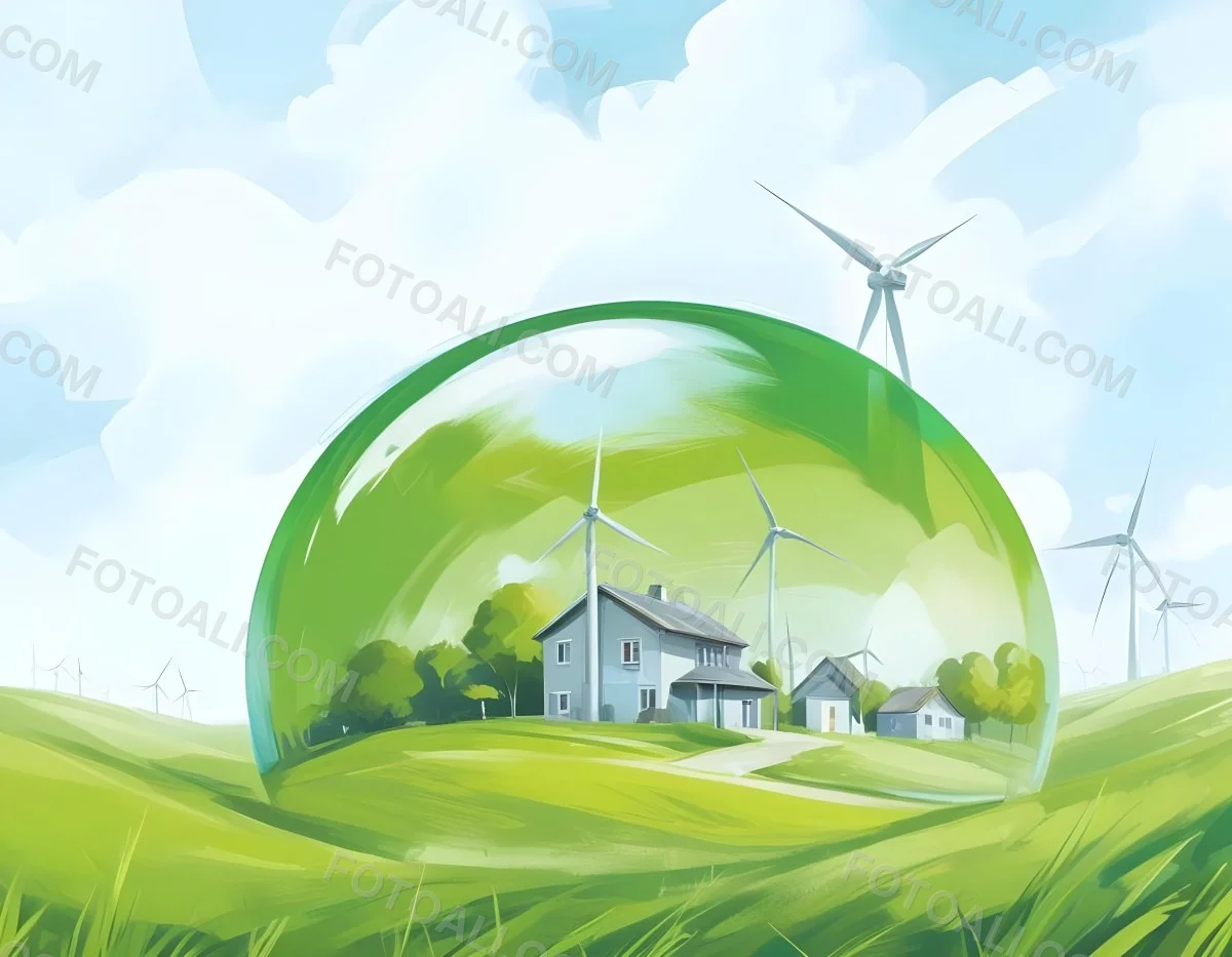 Wind Turbines And A House Inside A Blue Bubble On A Green Grass Field With A Bright Blue Sky Background 9 5e39