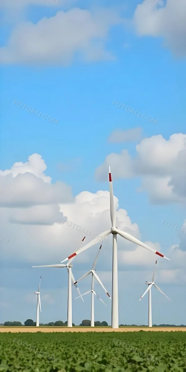Wind Turbines With White Tips Under A Red Sky With White Clouds Generating Clean Energy In A Rural Environment 14 5a30