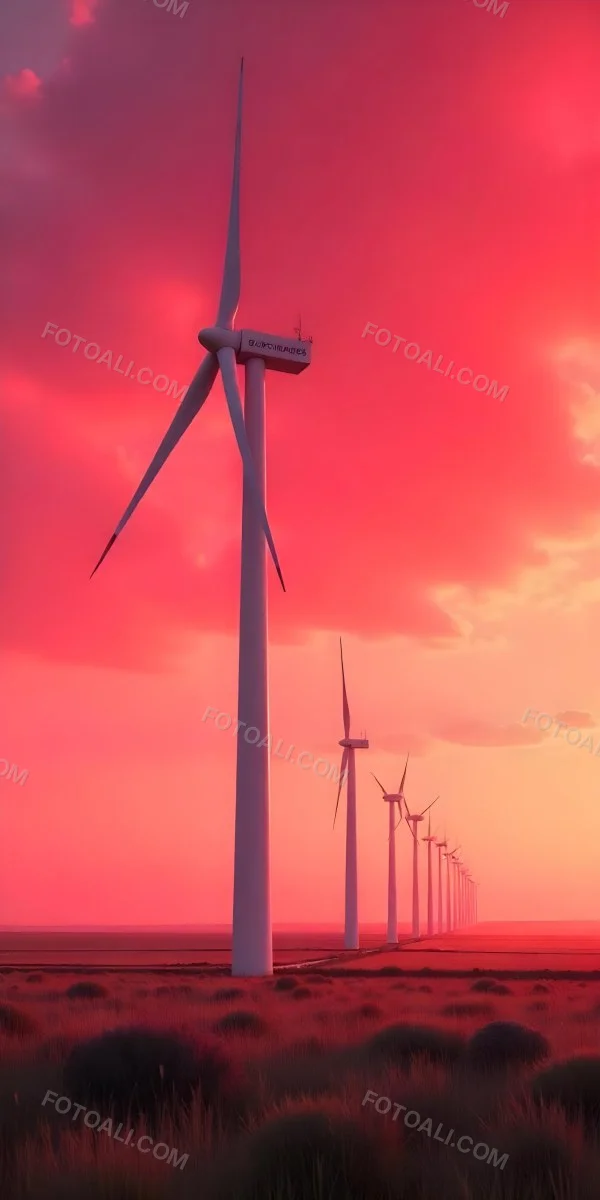 Wind Turbines With White Tips Under A Red Sky With White Clouds Generating Clean Energy In A Rural Environment 18 0ea1