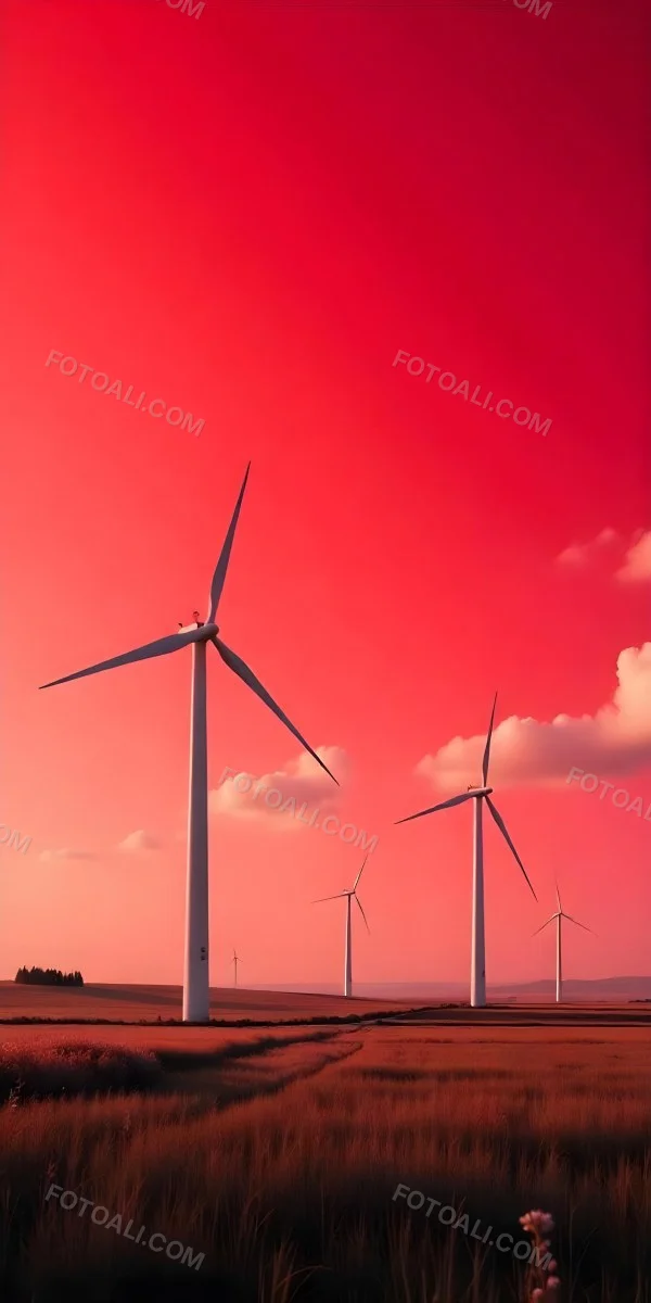 Wind Turbines With White Tips Under A Red Sky With White Clouds Generating Clean Energy In A Rural Environment 19 88d3