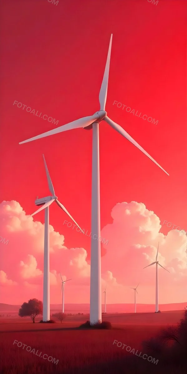 Wind Turbines With White Tips Under A Red Sky With White Clouds Generating Clean Energy In A Rural Environment 20 69d9