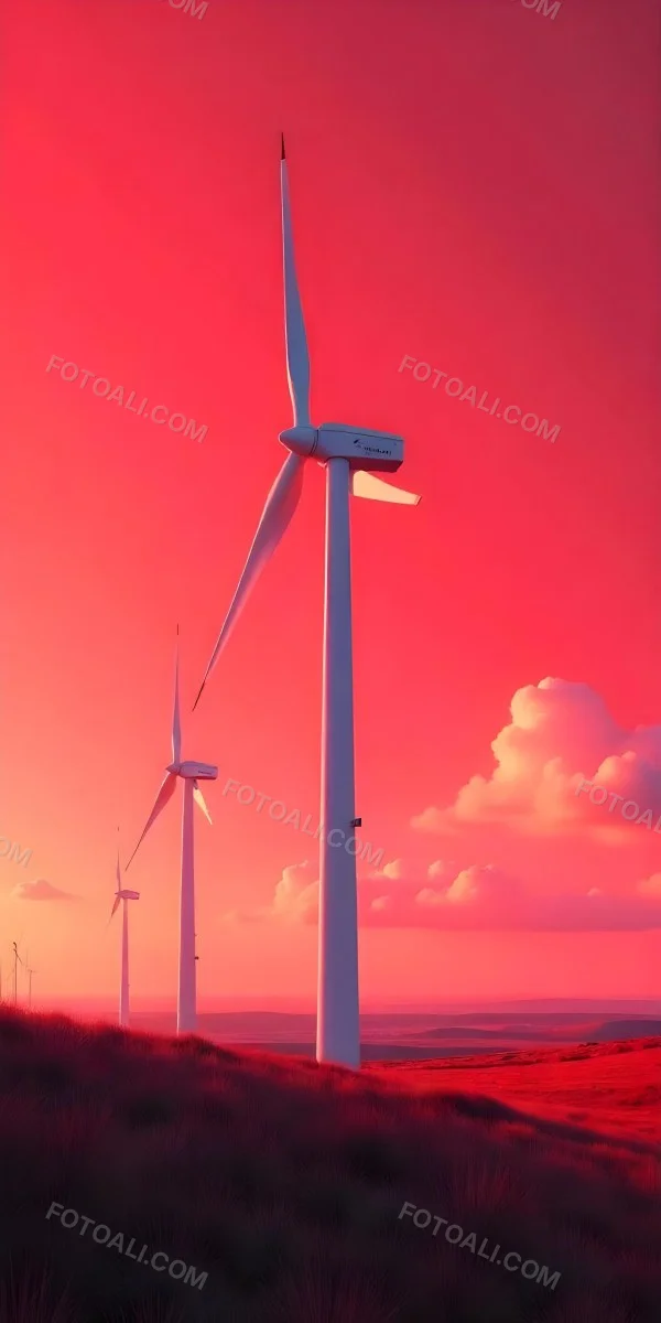 Wind Turbines With White Tips Under A Red Sky With White Clouds Generating Clean Energy In A Rural Environment 21 78dc