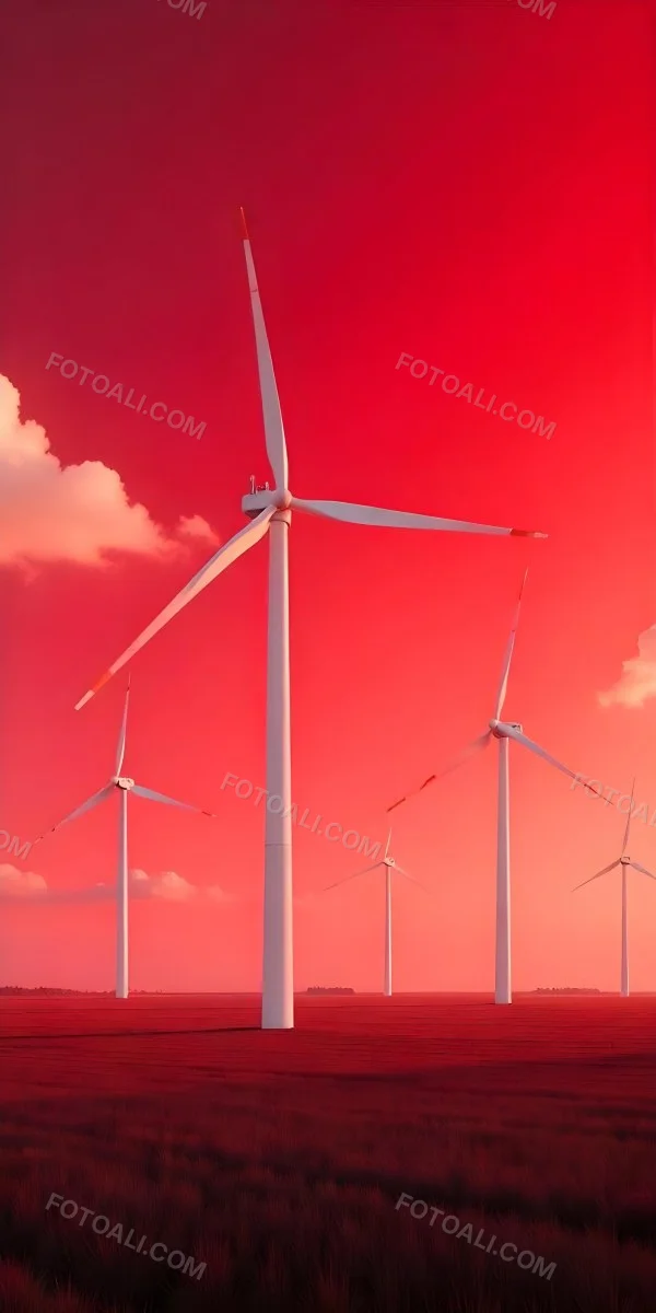Wind Turbines With White Tips Under A Red Sky With White Clouds Generating Clean Energy In A Rural Environment 22 564a