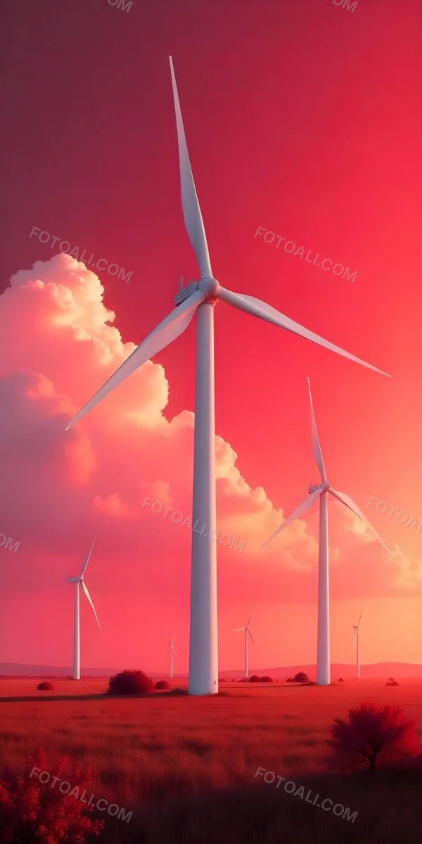Wind Turbines With White Tips Under A Red Sky With White Clouds Generating Clean Energy In A Rural Environment 23 E8c4