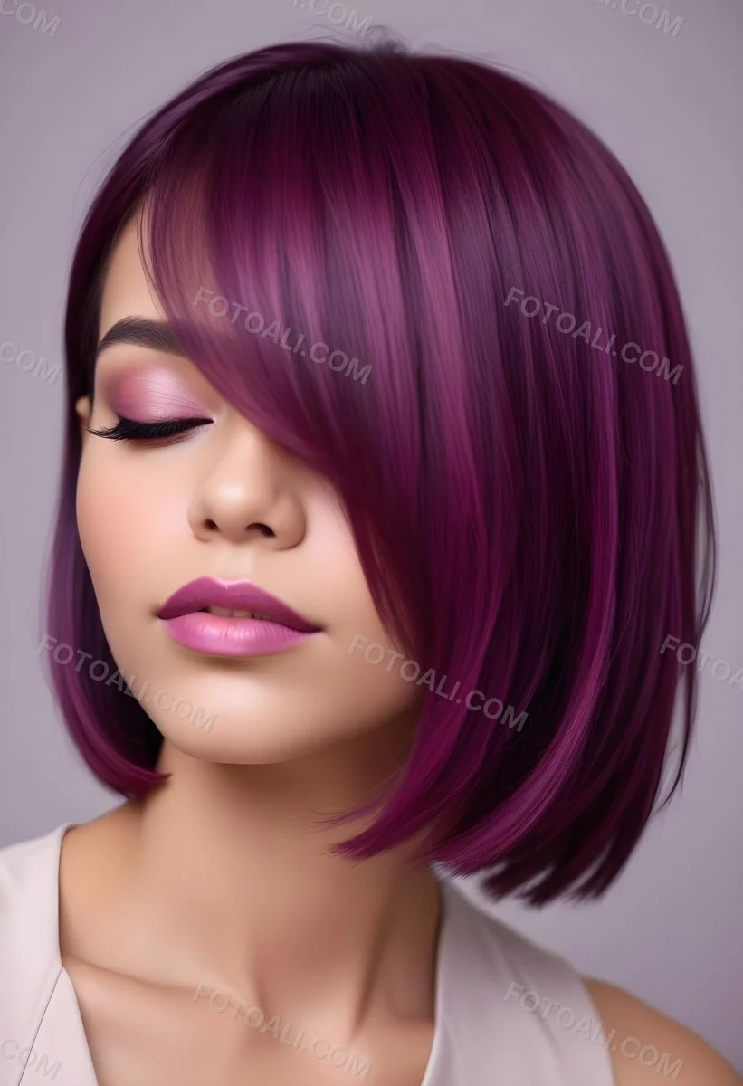 Woman With Medium Skin Tone And A Stylish Bob Haircut Featuring Vibrant Purple Highlights She Has Her Eyes Closed And Is Wearing Soft Pink Lipstick And Eye Makeup The Background Is Neutral And Unobtrusive 29 504f