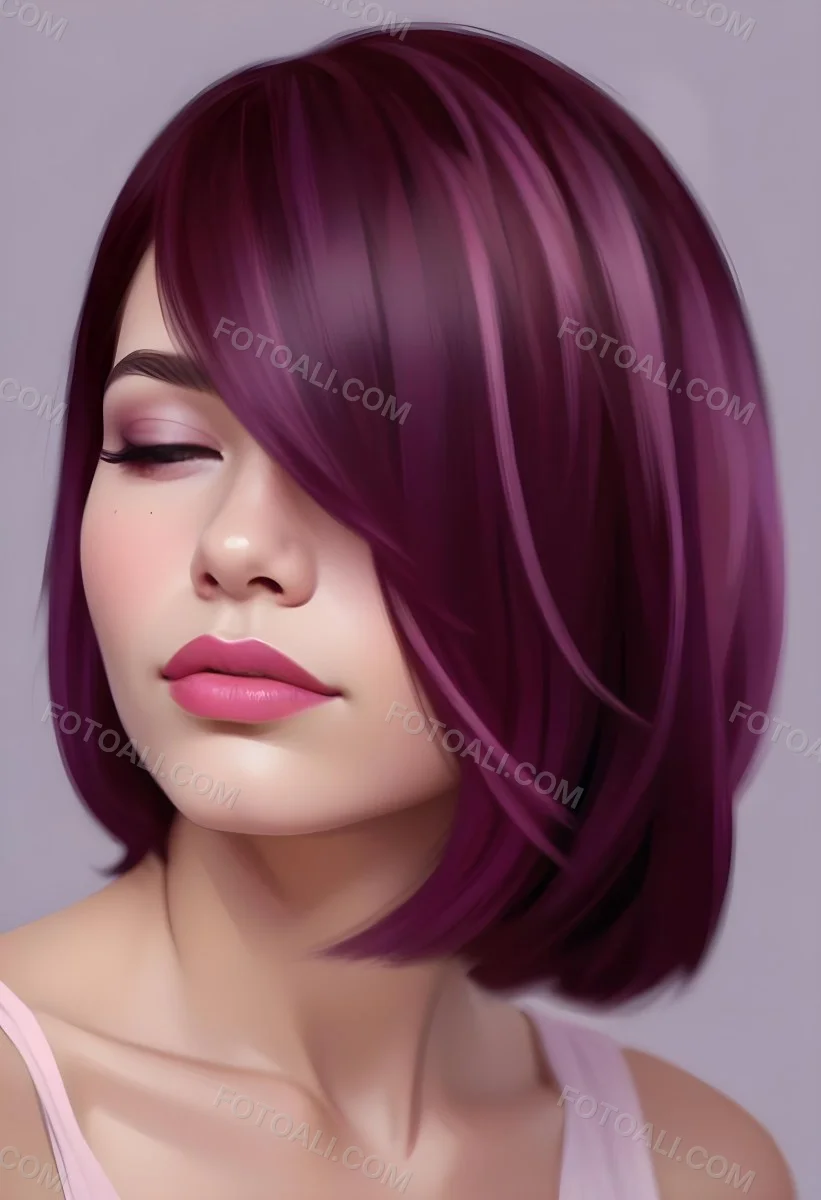 Woman With Medium Skin Tone And A Stylish Bob Haircut Featuring Vibrant Purple Highlights She Has Her Eyes Closed And Is Wearing Soft Pink Lipstick And Eye Makeup The Background Is Neutral And Unobtrusive 36 8c1f