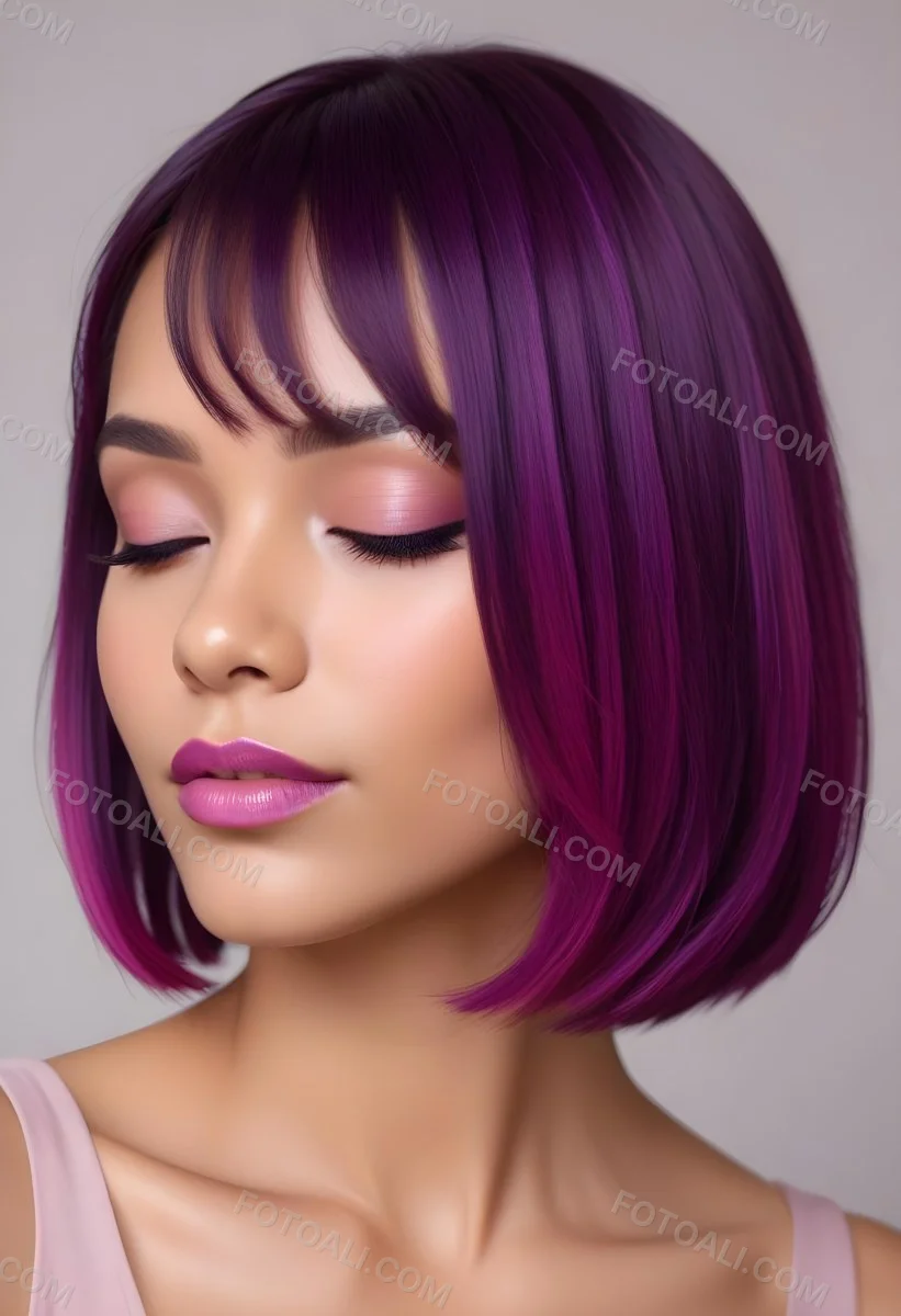 Woman With Medium Skin Tone And A Stylish Bob Haircut Featuring Vibrant Purple Highlights She Has Her Eyes Closed And Is Wearing Soft Pink Lipstick And Eye Makeup The Background Is Neutral And Unobtrusive 37 11ca