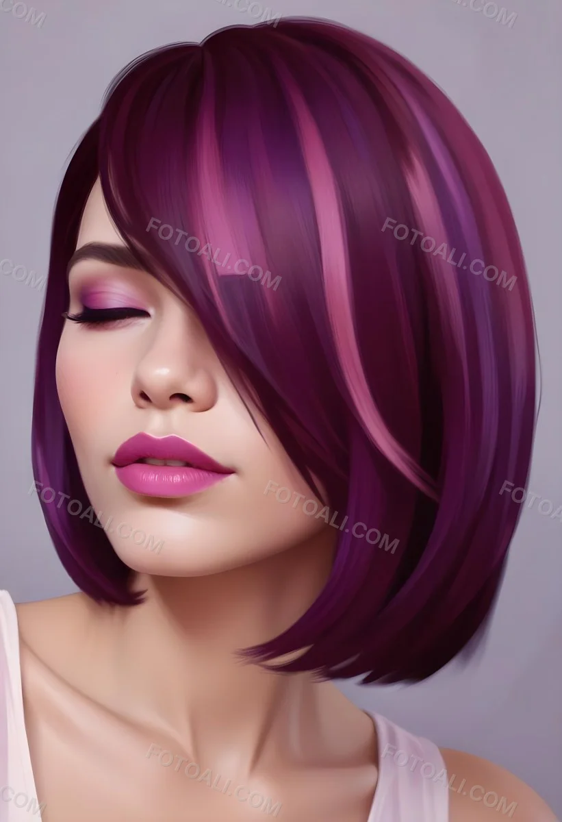 Woman With Medium Skin Tone And A Stylish Bob Haircut Featuring Vibrant Purple Highlights She Has Her Eyes Closed And Is Wearing Soft Pink Lipstick And Eye Makeup The Background Is Neutral And Unobtrusive 4 1081