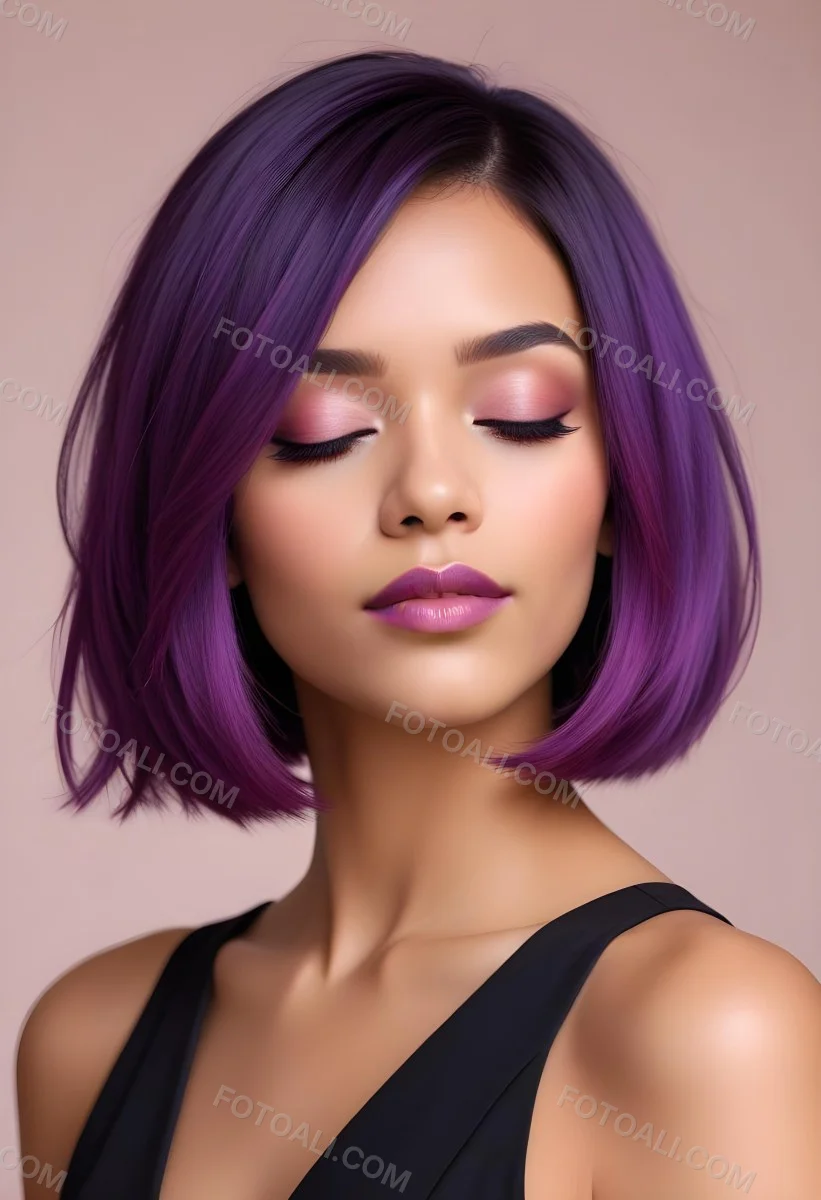 Woman With Medium Skin Tone And A Stylish Bob Haircut Featuring Vibrant Purple Highlights She Has Her Eyes Closed And Is Wearing Soft Pink Lipstick And Eye Makeup The Background Is Neutral And Unobtrusive 41 8355