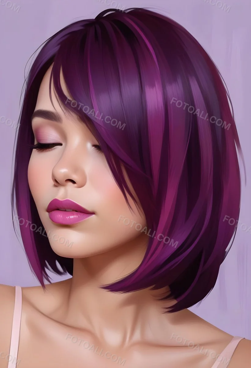 Woman With Medium Skin Tone And A Stylish Bob Haircut Featuring Vibrant Purple Highlights She Has Her Eyes Closed And Is Wearing Soft Pink Lipstick And Eye Makeup The Background Is Neutral And Unobtrusive 44 9bca