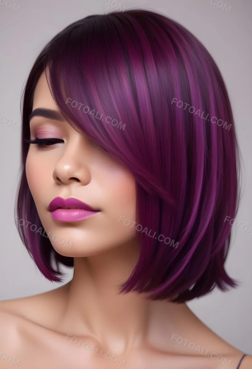 Woman With Medium Skin Tone And A Stylish Bob Haircut Featuring Vibrant Purple Highlights She Has Her Eyes Closed And Is Wearing Soft Pink Lipstick And Eye Makeup The Background Is Neutral And Unobtrusive 5 Ae1e