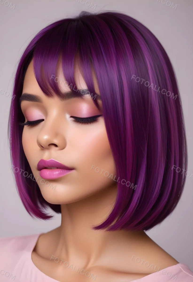 Woman With Medium Skin Tone And A Stylish Bob Haircut Featuring Vibrant Purple Highlights She Has Her Eyes Closed And Is Wearing Soft Pink Lipstick And Eye Makeup The Background Is Neutral And Unobtrusive 51 Af26