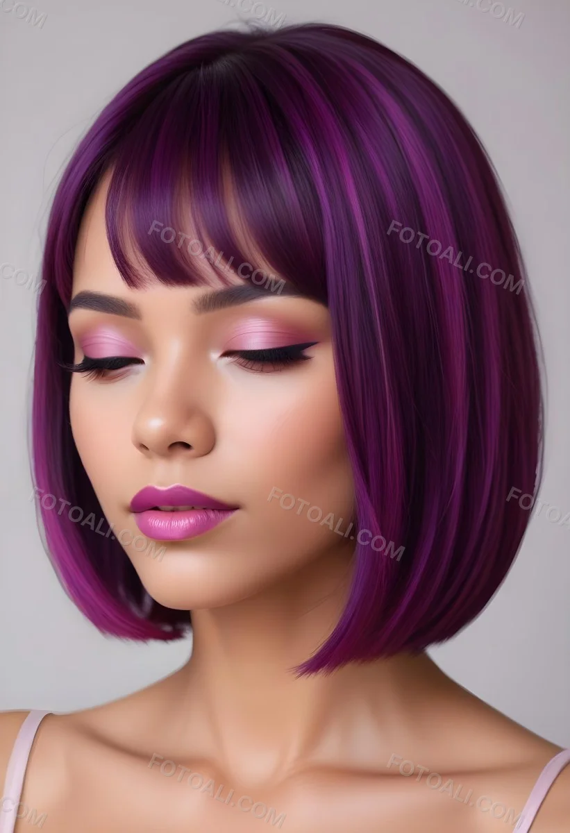 Woman With Medium Skin Tone And A Stylish Bob Haircut Featuring Vibrant Purple Highlights She Has Her Eyes Closed And Is Wearing Soft Pink Lipstick And Eye Makeup The Background Is Neutral And Unobtrusive 53 171e