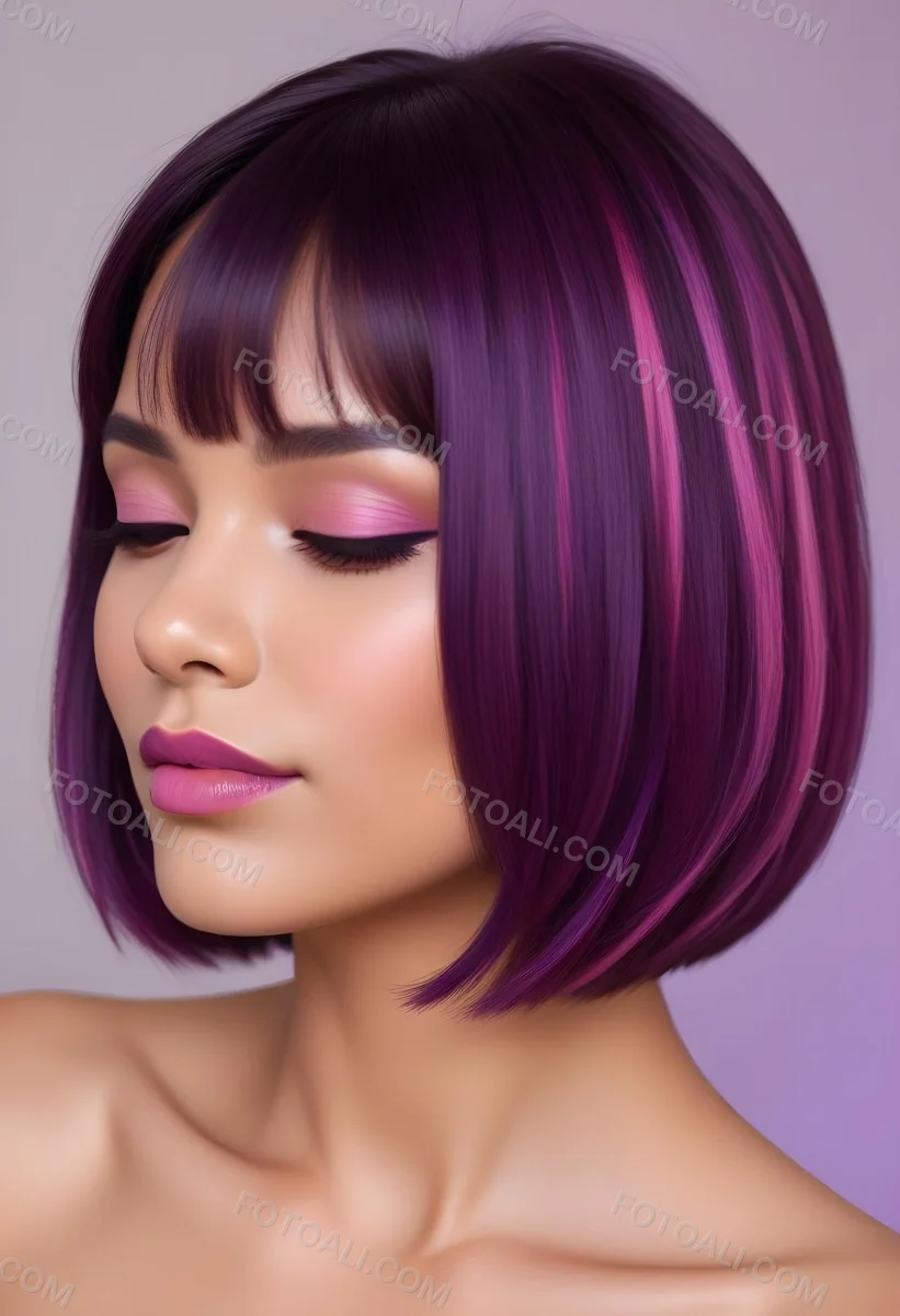Woman With Medium Skin Tone And A Stylish Bob Haircut Featuring Vibrant Purple Highlights She Has Her Eyes Closed And Is Wearing Soft Pink Lipstick And Eye Makeup The Background Is Neutral And Unobtrusive 55 Cda4