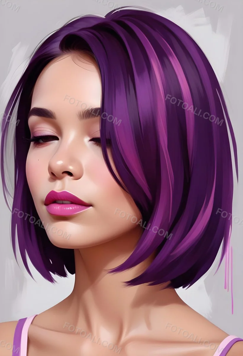 Woman With Medium Skin Tone And A Stylish Bob Haircut Featuring Vibrant Purple Highlights She Has Her Eyes Closed And Is Wearing Soft Pink Lipstick And Eye Makeup The Background Is Neutral And Unobtrusive 58 3b63