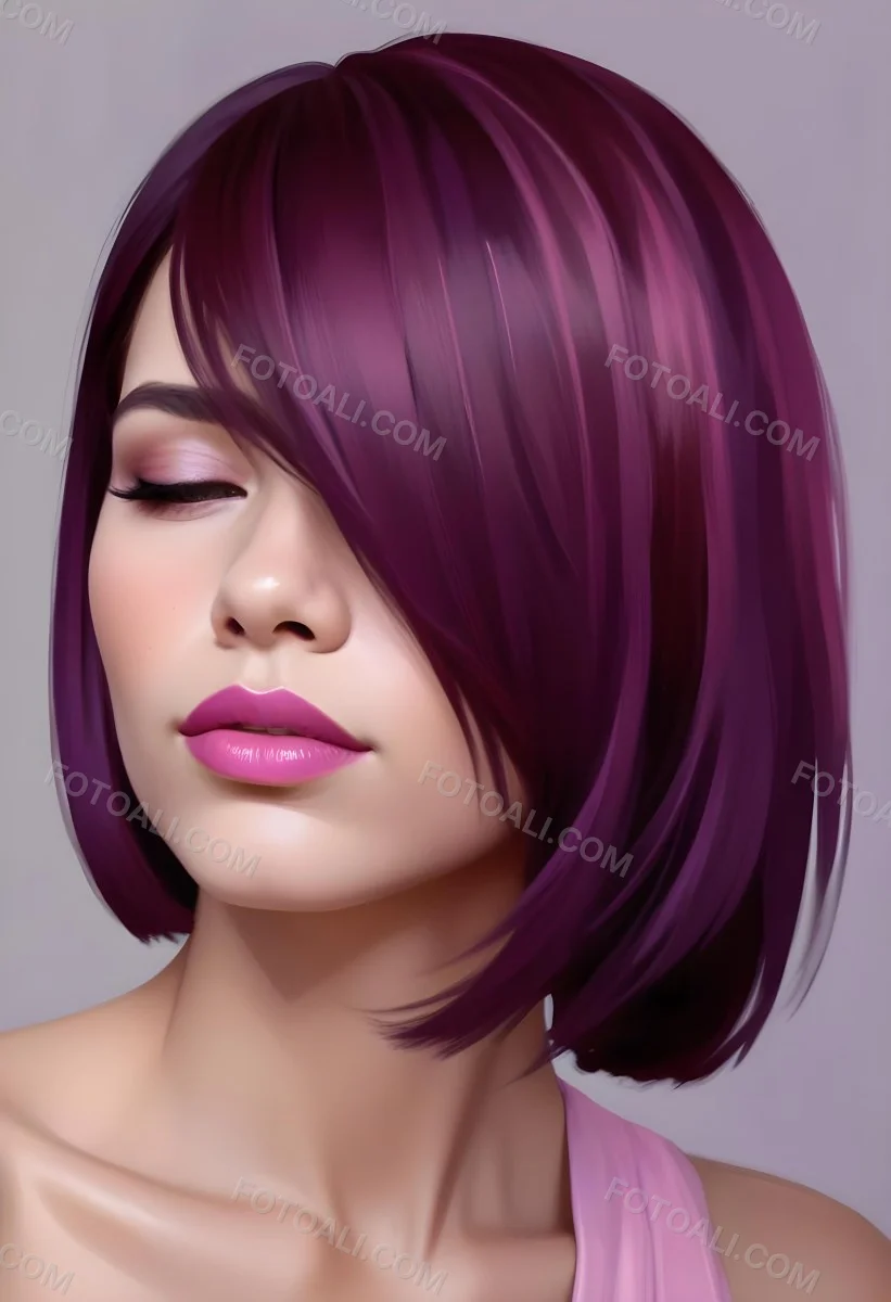 Woman With Medium Skin Tone And A Stylish Bob Haircut Featuring Vibrant Purple Highlights She Has Her Eyes Closed And Is Wearing Soft Pink Lipstick And Eye Makeup The Background Is Neutral And Unobtrusive 6 673f