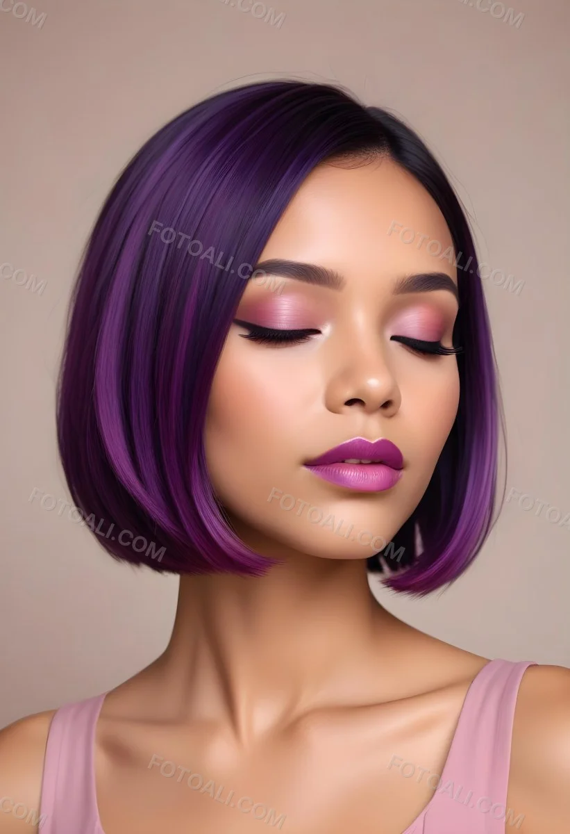 Woman With Medium Skin Tone And A Stylish Bob Haircut Featuring Vibrant Purple Highlights She Has Her Eyes Closed And Is Wearing Soft Pink Lipstick And Eye Makeup The Background Is Neutral And Unobtrusive 63 E864