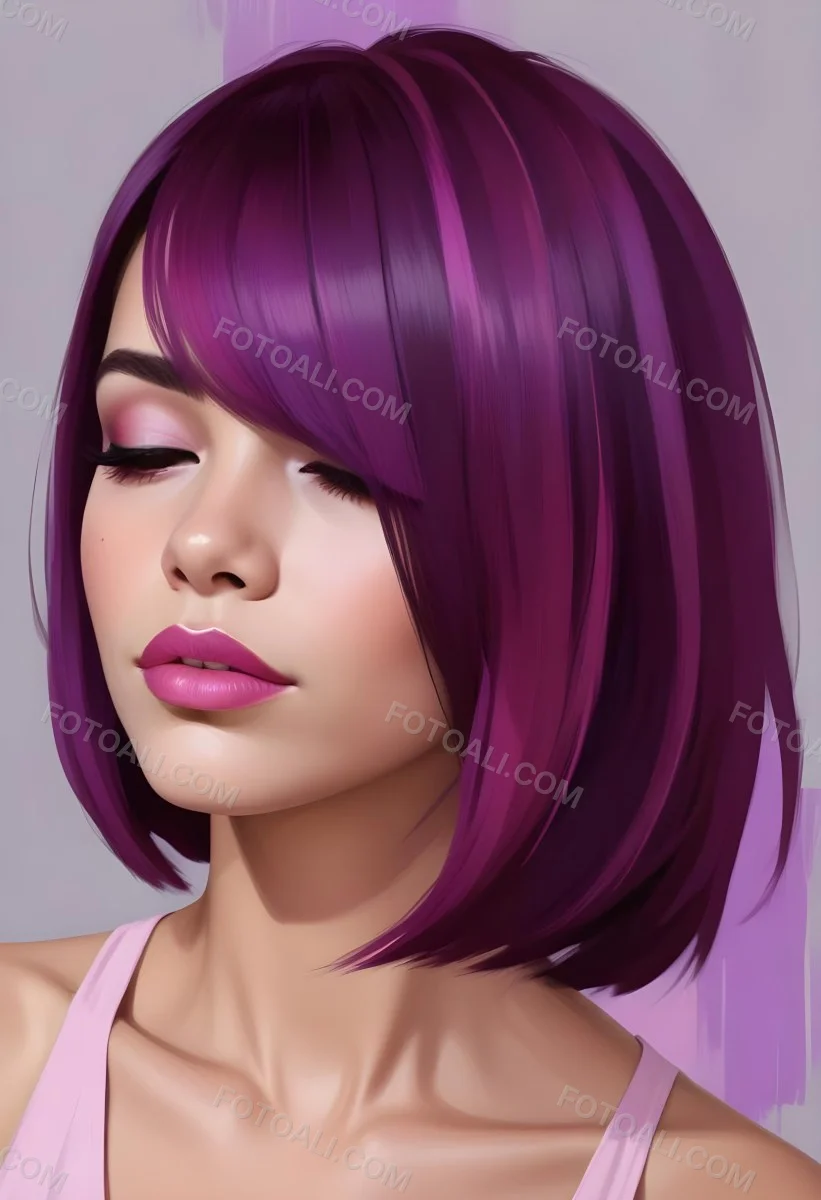 Woman With Medium Skin Tone And A Stylish Bob Haircut Featuring Vibrant Purple Highlights She Has Her Eyes Closed And Is Wearing Soft Pink Lipstick And Eye Makeup The Background Is Neutral And Unobtrusive 64 A3ef