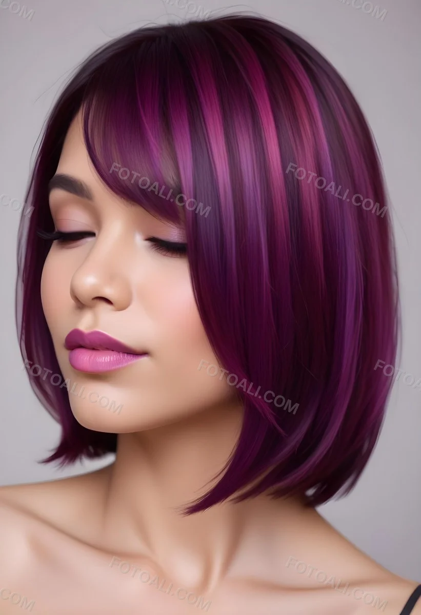 Woman With Medium Skin Tone And A Stylish Bob Haircut Featuring Vibrant Purple Highlights She Has Her Eyes Closed And Is Wearing Soft Pink Lipstick And Eye Makeup The Background Is Neutral And Unobtrusive 65 9cf2