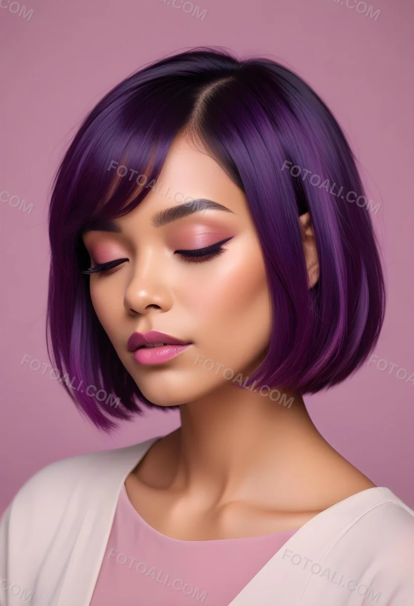 Woman With Medium Skin Tone And A Stylish Bob Haircut Featuring Vibrant Purple Highlights She Has Her Eyes Closed And Is Wearing Soft Pink Lipstick And Eye Makeup The Background Is Neutral And Unobtrusive 72 5cbc