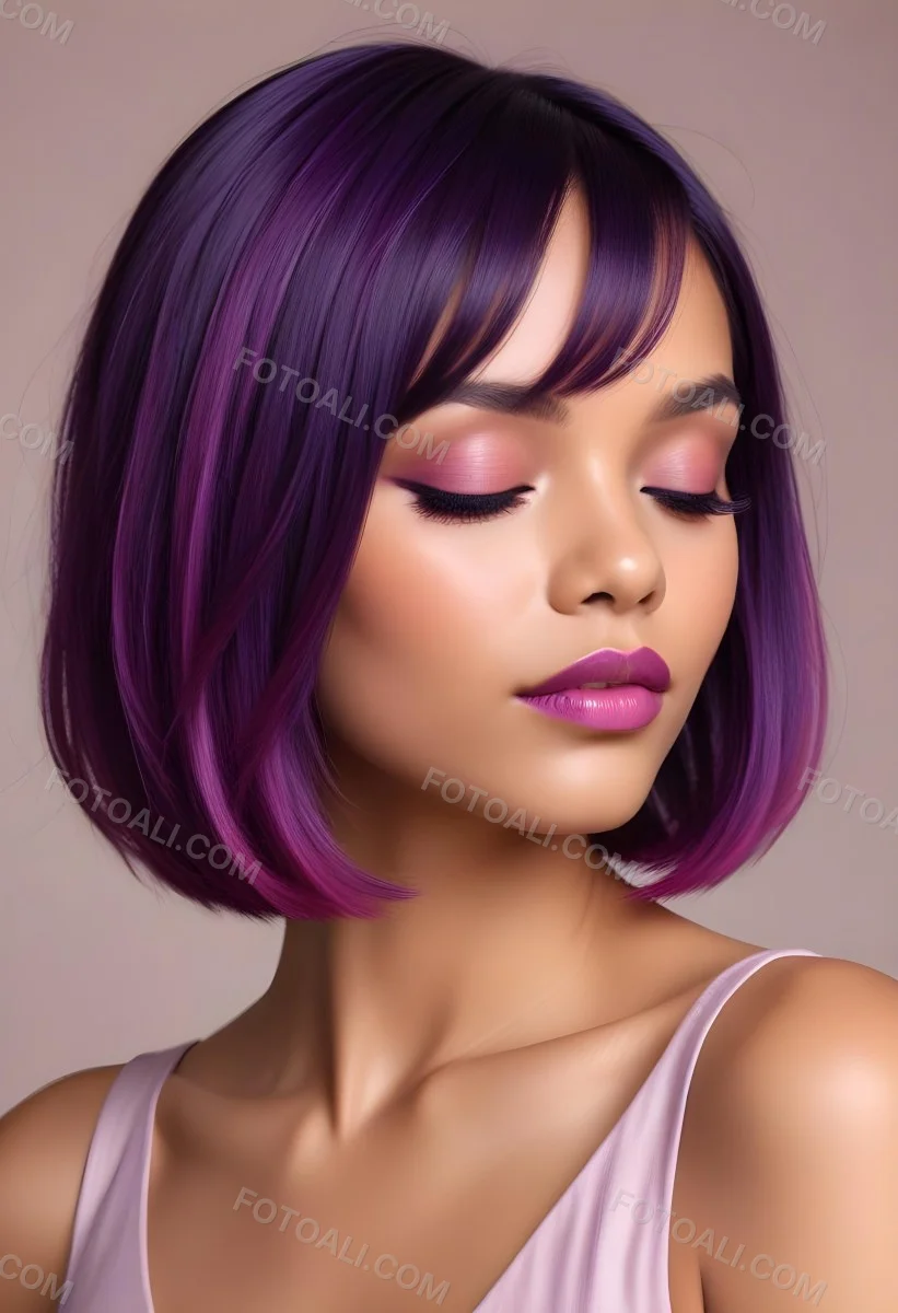 Woman With Medium Skin Tone And A Stylish Bob Haircut Featuring Vibrant Purple Highlights She Has Her Eyes Closed And Is Wearing Soft Pink Lipstick And Eye Makeup The Background Is Neutral And Unobtrusive 73 0433