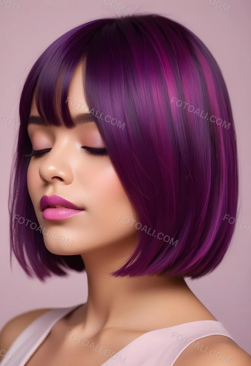 Woman With Medium Skin Tone And A Stylish Bob Haircut Featuring Vibrant Purple Highlights She Has Her Eyes Closed And Is Wearing Soft Pink Lipstick And Eye Makeup The Background Is Neutral And Unobtrusive 74 B795