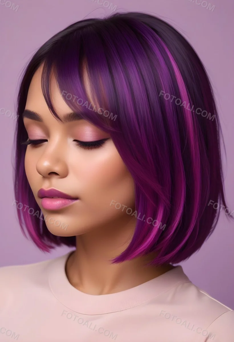 Woman With Medium Skin Tone And A Stylish Bob Haircut Featuring Vibrant Purple Highlights She Has Her Eyes Closed And Is Wearing Soft Pink Lipstick And Eye Makeup The Background Is Neutral And Unobtrusive 76 32c4