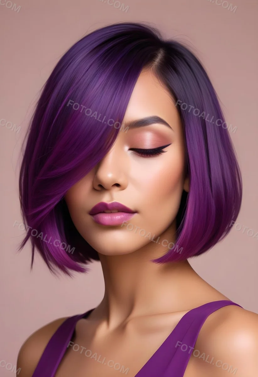 Woman With Medium Skin Tone And A Stylish Bob Haircut Featuring Vibrant Purple Highlights She Has Her Eyes Closed And Is Wearing Soft Pink Lipstick And Eye Makeup The Background Is Neutral And Unobtrusive 77 43f4