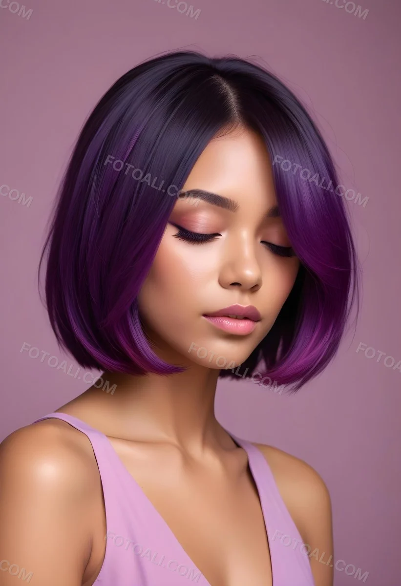 Woman With Medium Skin Tone And A Stylish Bob Haircut Featuring Vibrant Purple Highlights She Has Her Eyes Closed And Is Wearing Soft Pink Lipstick And Eye Makeup The Background Is Neutral And Unobtrusive 78 3491