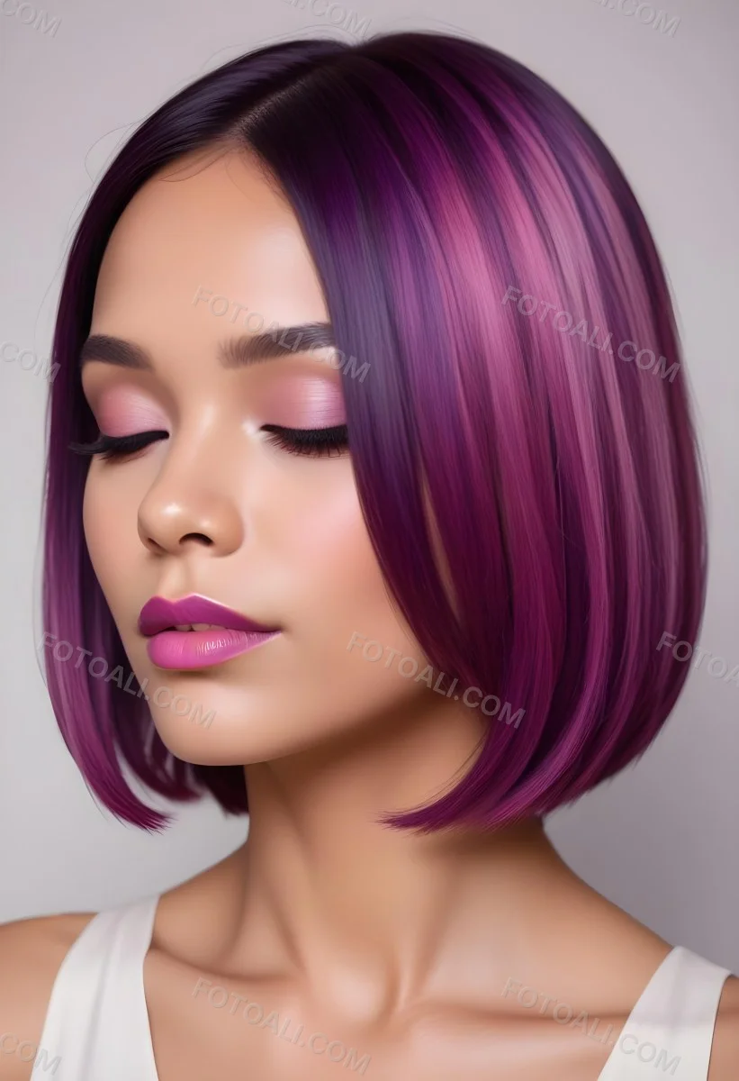 Woman With Medium Skin Tone And A Stylish Bob Haircut Featuring Vibrant Purple Highlights She Has Her Eyes Closed And Is Wearing Soft Pink Lipstick And Eye Makeup The Background Is Neutral And Unobtrusive 79 6b75